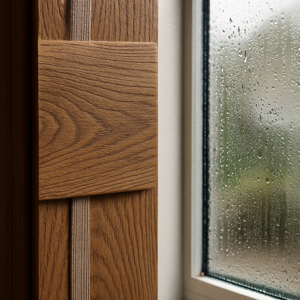 A close-up shot of a faux wood blind slat showing a realistic grain texture next to a window with condensation, illustrating moisture resistance.