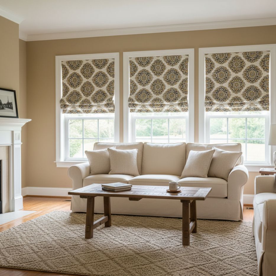 Dining room with teal Roman shades, dark wood table, and orchid centerpiece.