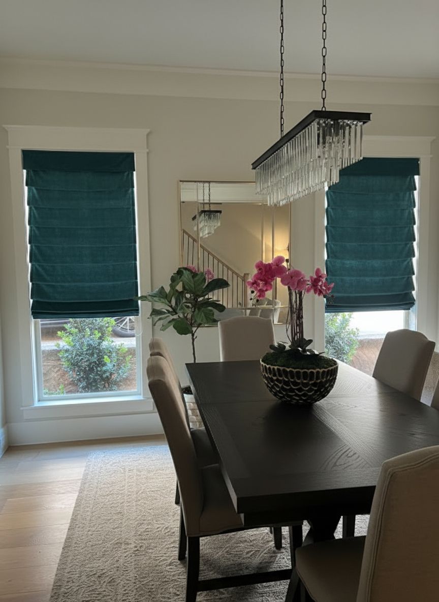 Living room with gray sofa, neutral walls, blinds, and a built-in bookshelf.