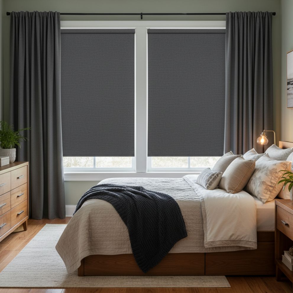 Side-by-side comparison: window blinds open versus closed, over a couch with pillows, in a room.