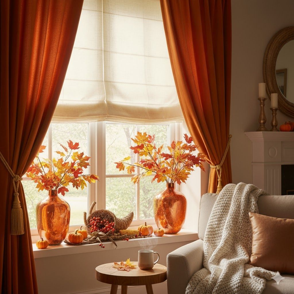 Window with orange curtains, fall foliage decor, vases, pumpkins, and a cozy seating area.