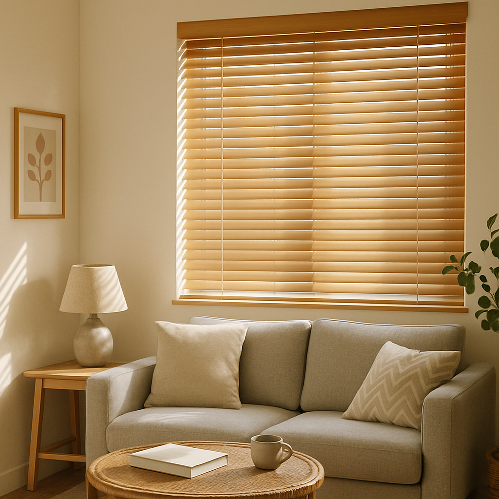A cozy living room with a light gray sofa, wooden blinds, a small round table with a lamp, and framed leaf wall art.