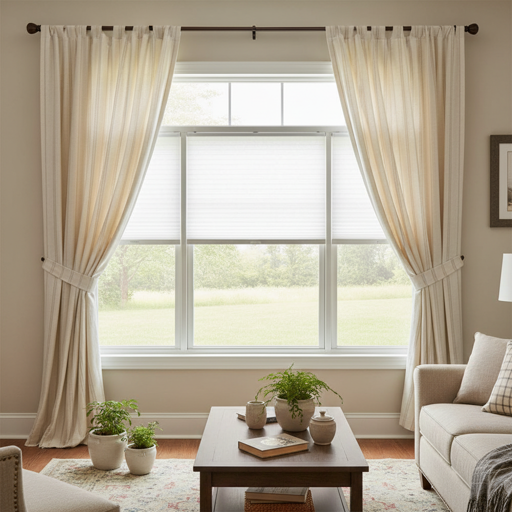 A casual living room has adjusted roller shades on the windows - love is blinds, ky