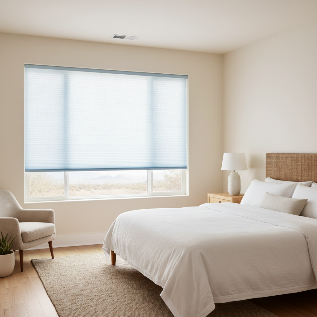 A room has blue solar shades to cut down on glare - love is blinds, ky