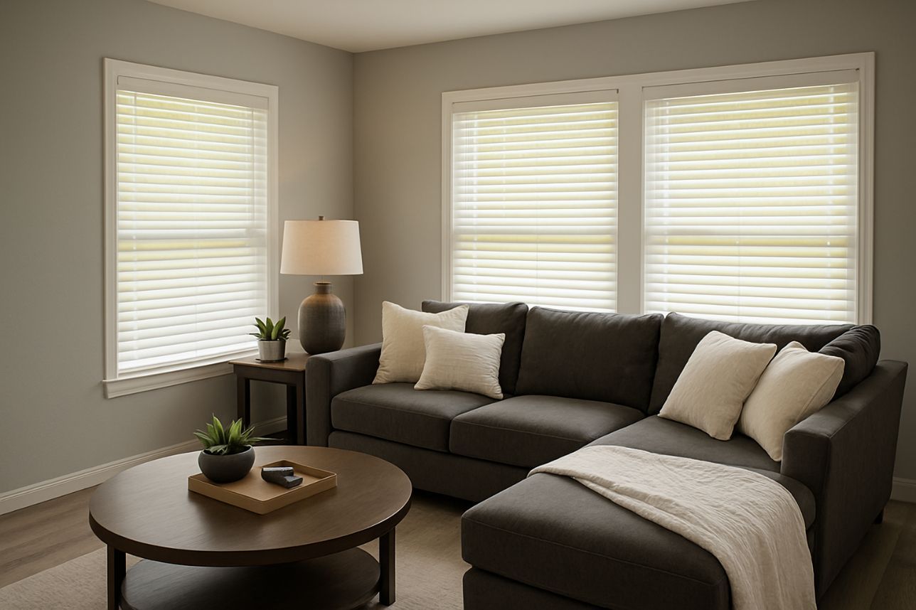 Four windows with different types of blinds: wood, roller, vertical, and Venetian. Beige walls, natural light.
