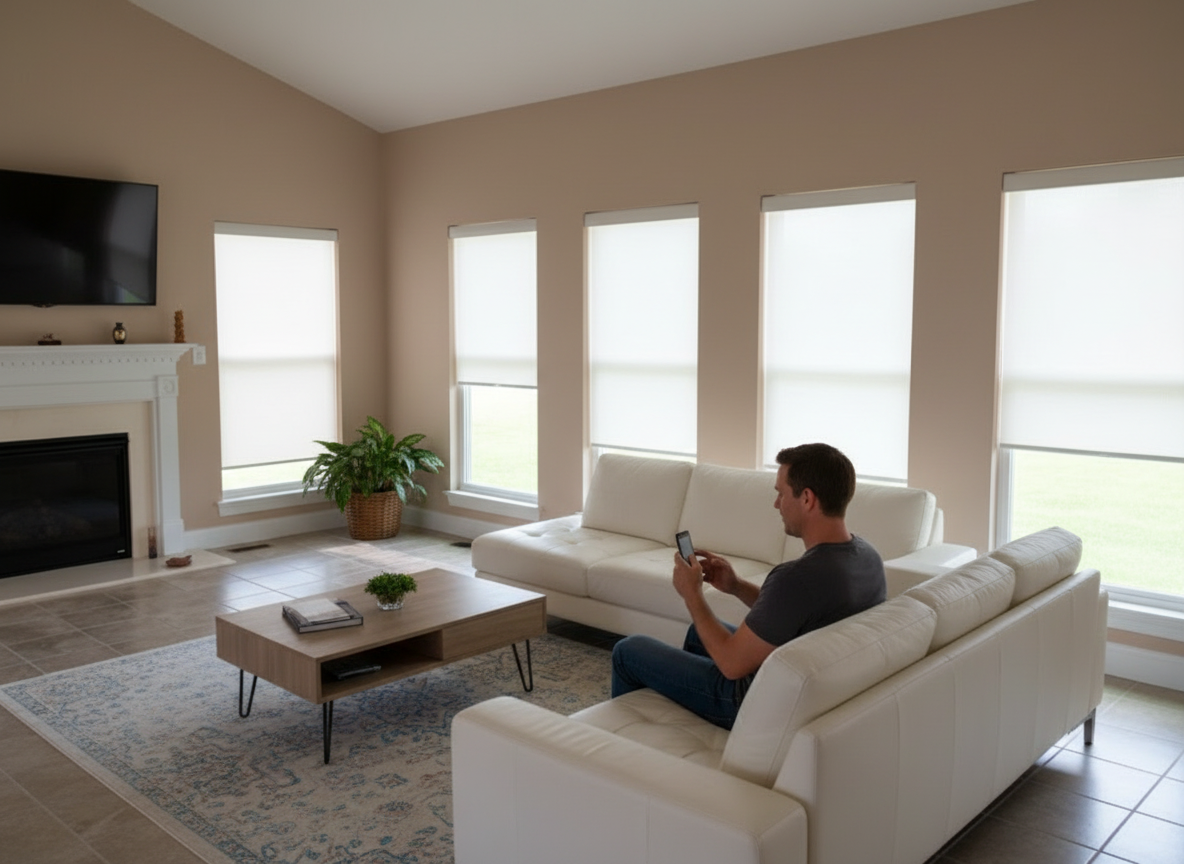 A man sits by wall of windows with his smart phone adjusting the roller shades - love is blinds, ky