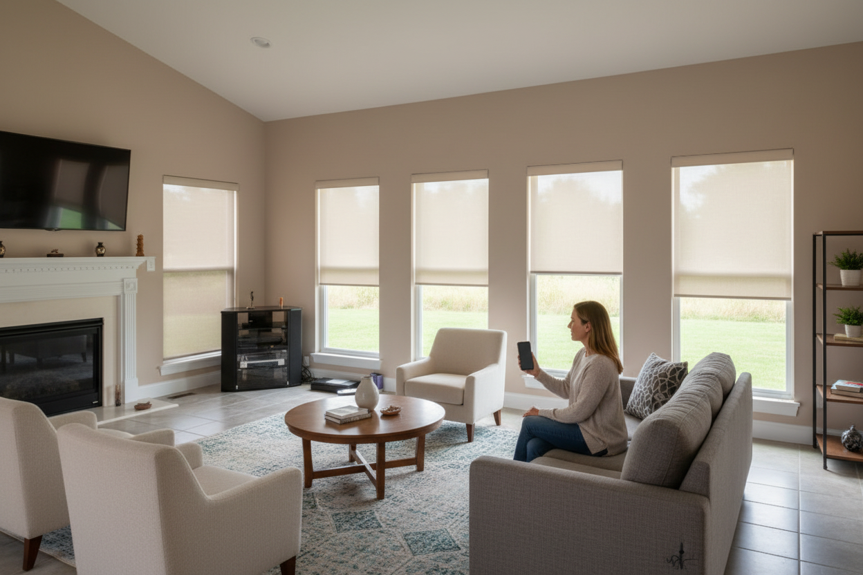 A woman uses the app on her phone to control her window coverings - love is blinds, ky