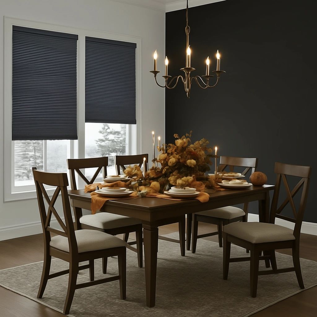 Window with orange curtains, fall foliage decor, vases, pumpkins, and a cozy seating area.