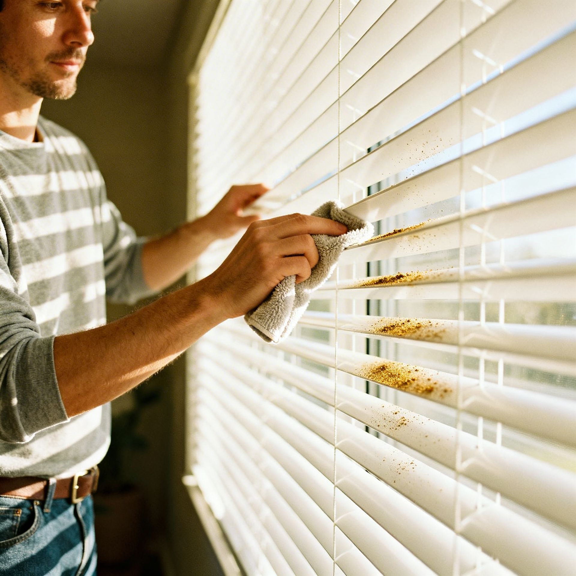 Homeowner performing proper blind maintenance and cleaning