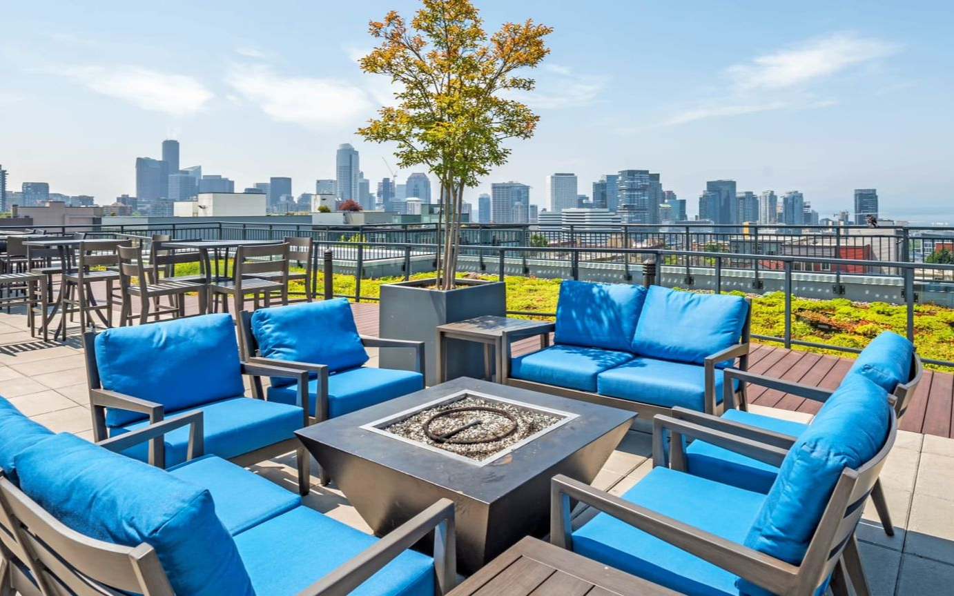 Rooftop patio with blue couches around a fire pit, overlooking a city skyline.