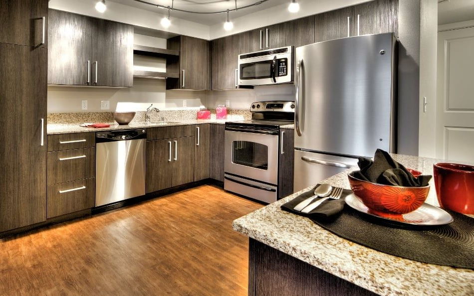 Modern kitchen with stainless steel appliances, dark wood cabinets, granite countertops, and wood-look flooring.