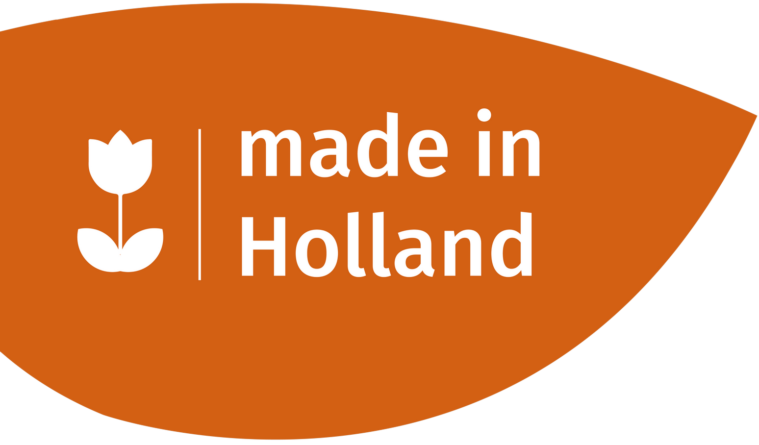 Oranje label met een tulp en de tekst