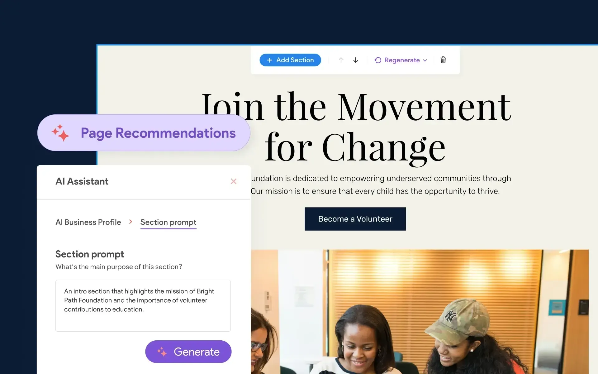 New AI tools in the Page Builder, including the AI prompt to enter business details