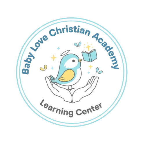 Logo for Baby Love Christian Academy: blue bird held by hands, halo, open book. White and light blue circle border.