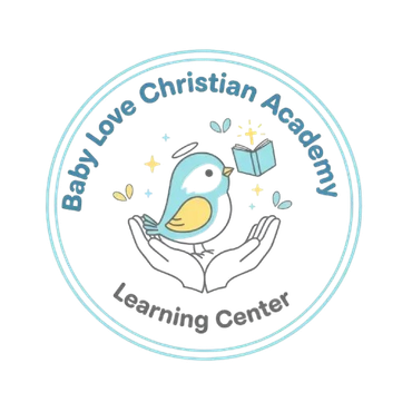 Logo for Baby Love Christian Academy: blue bird with halo held in hands, book, and text.