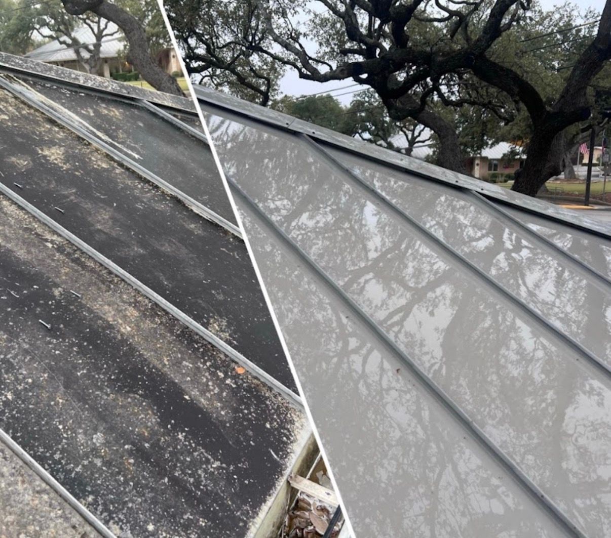 Comparison of a dirty and clean metal roof; before and after cleaning, showing the contrast in color.
