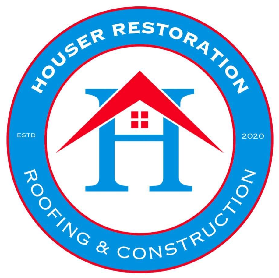 Logo for Houser Restoration: Blue and red emblem with a stylized