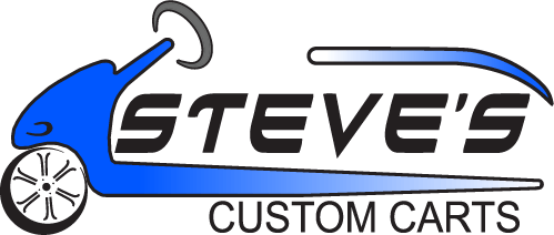 The logo for steve 's custom carts shows a blue cart with a white wheel.