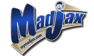 A blue and gold logo for mymadjax.com