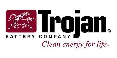 The trojan battery company logo says clean energy for life.