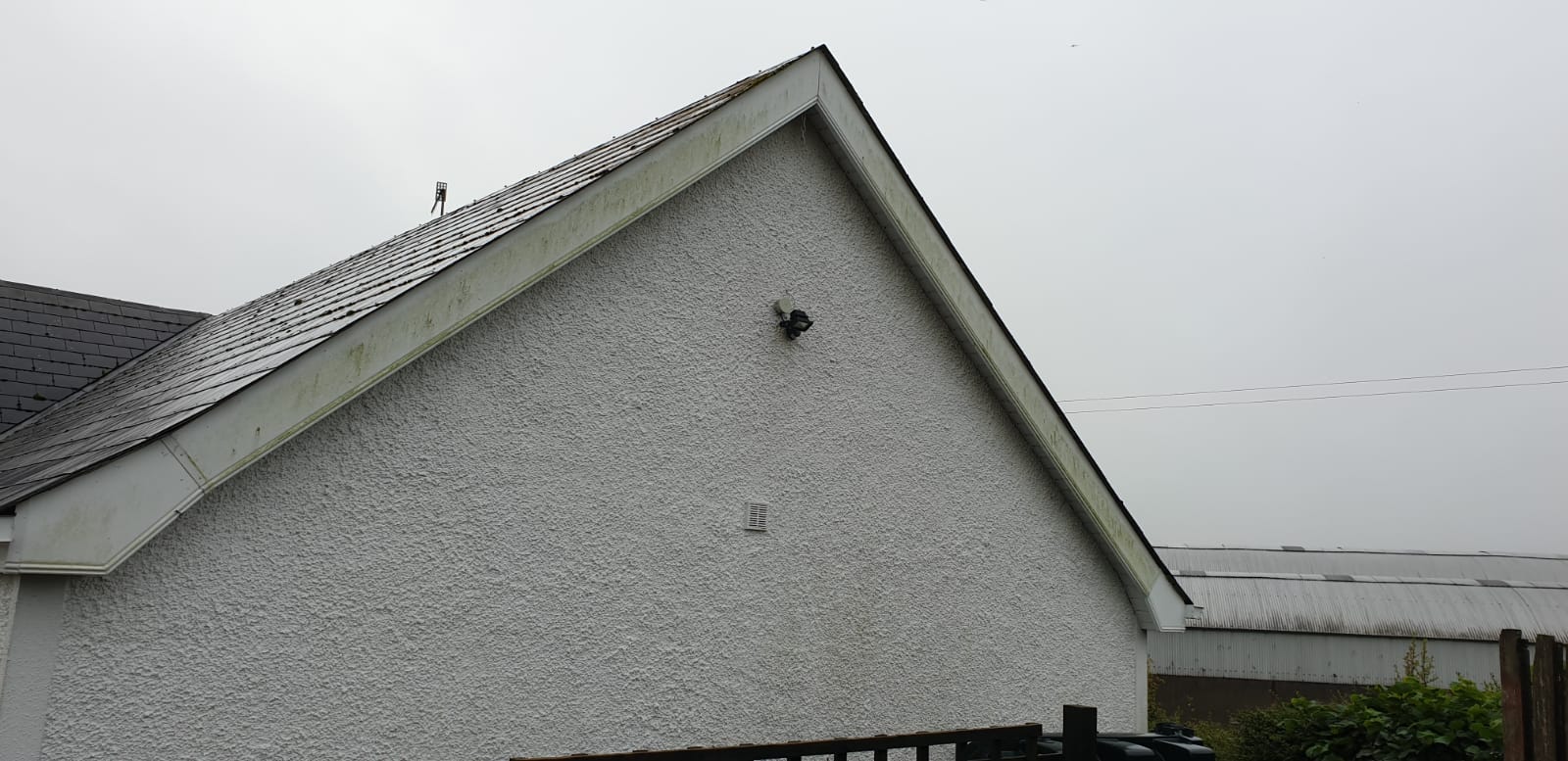 A bird is perched on the roof of a house.