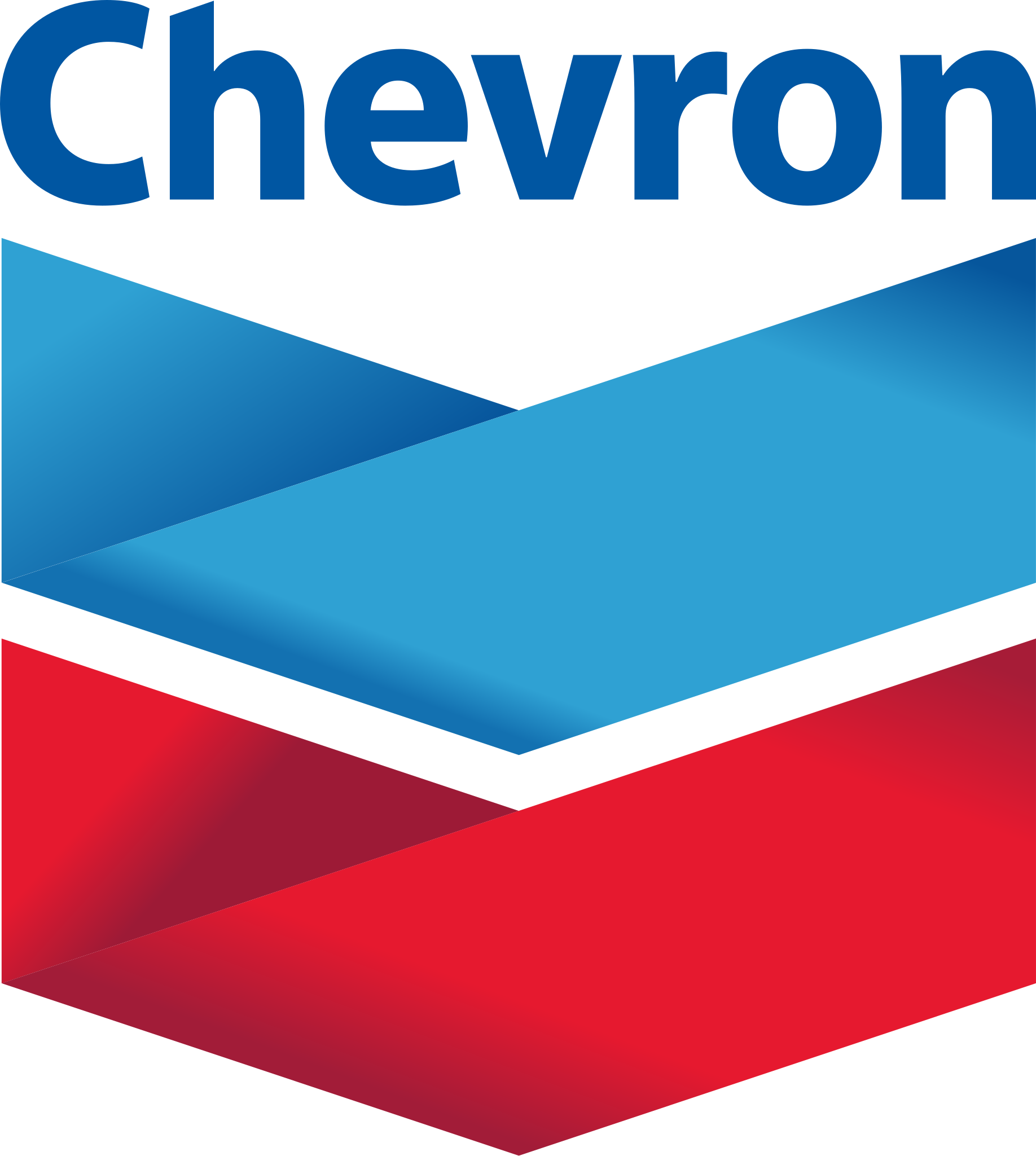 A blue and red chevron logo on a white background