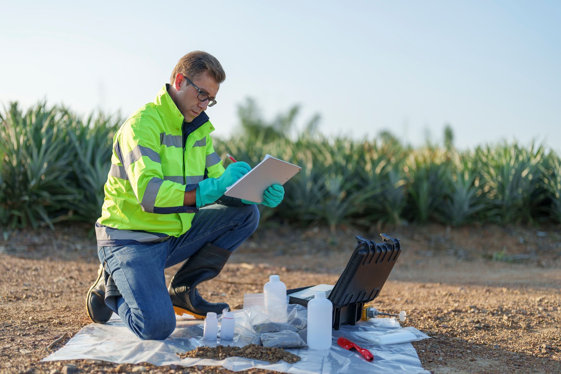 Engineer reviewing soil samples on site with testing tools.