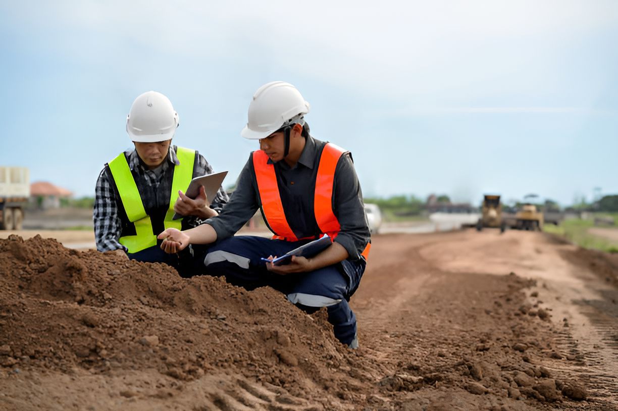 Engineers inspect laterite soil to assess its suitability for road base construction.
