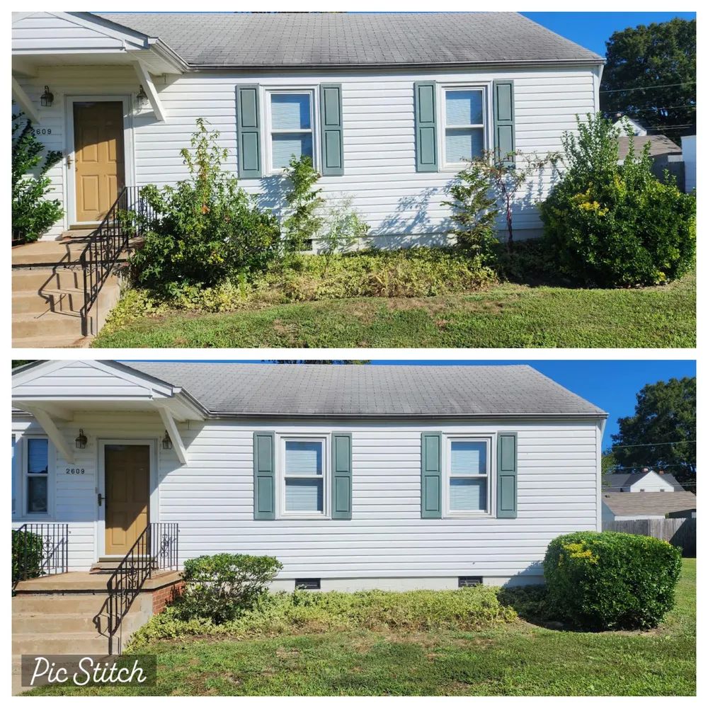 A before and after picture of a white house with green shutters.