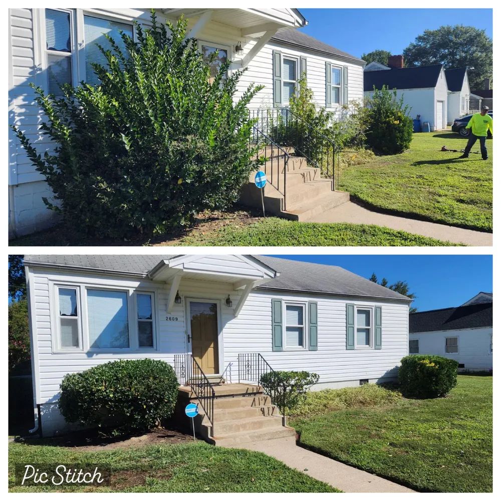 A before and after picture of a white house