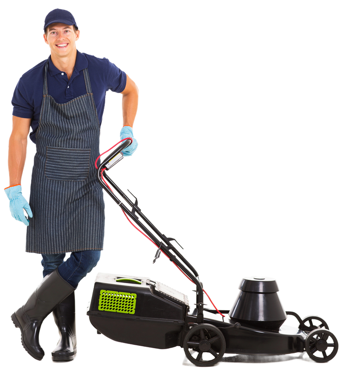 A man in an apron is standing next to a lawn mower
