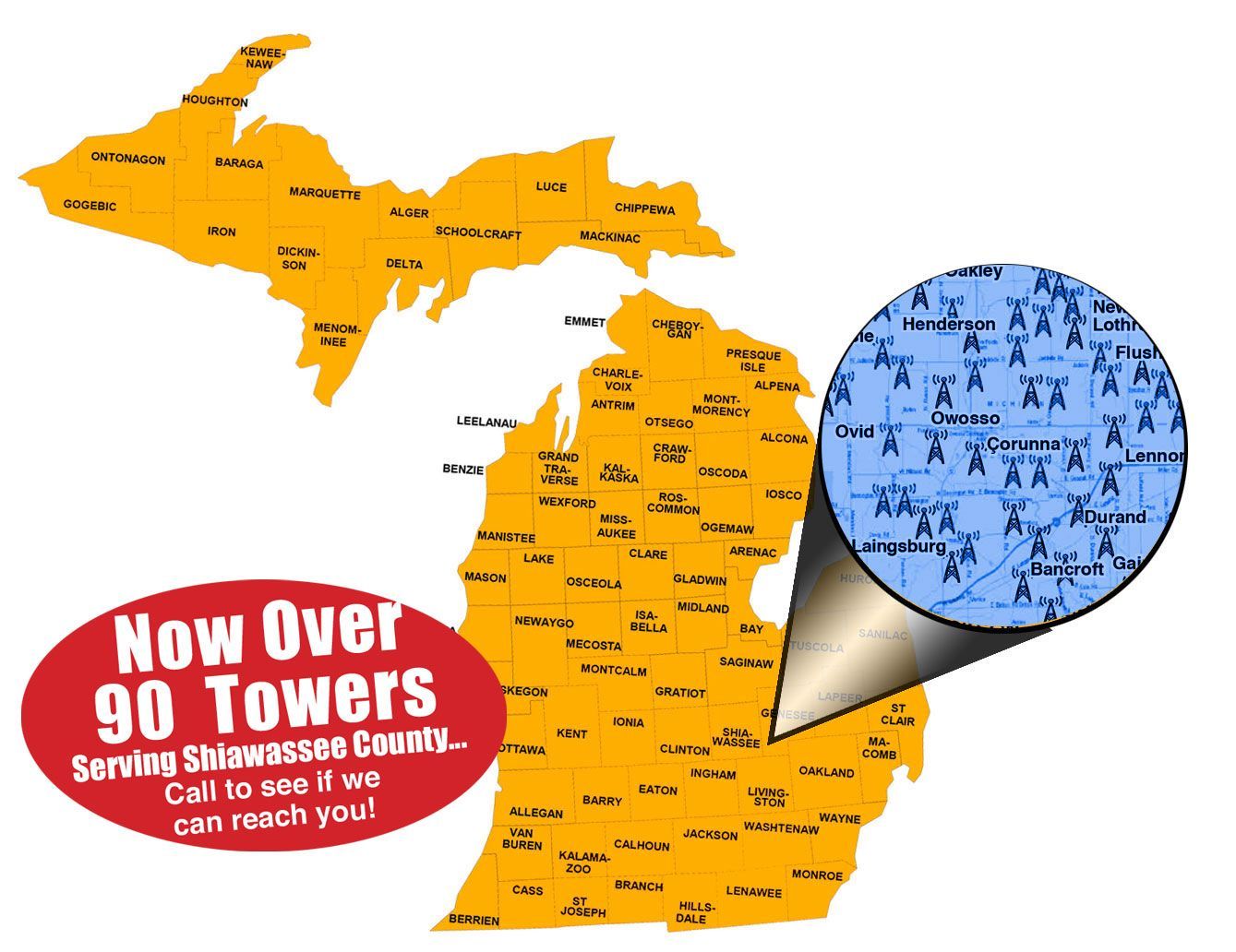 a map of michigan that says now over 90 towers