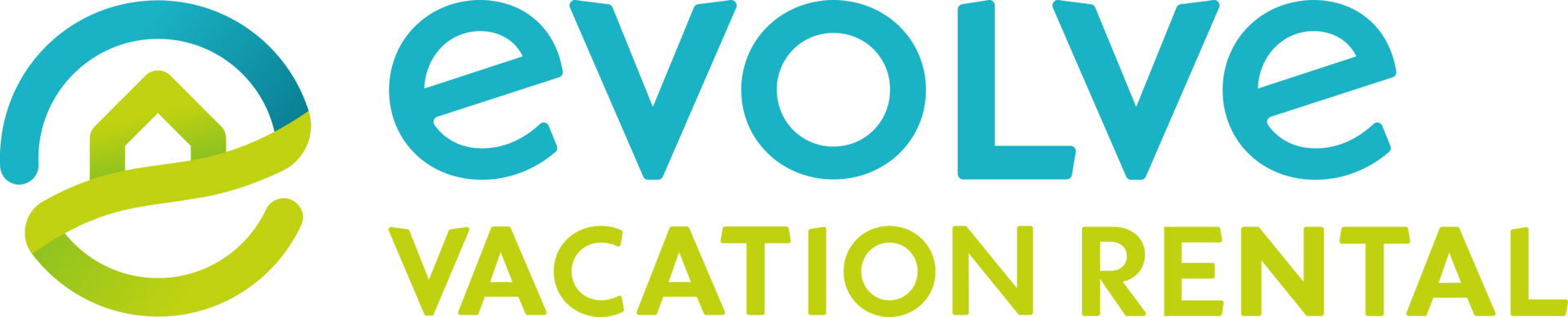 The logo for evolve vacation rental is blue and green.