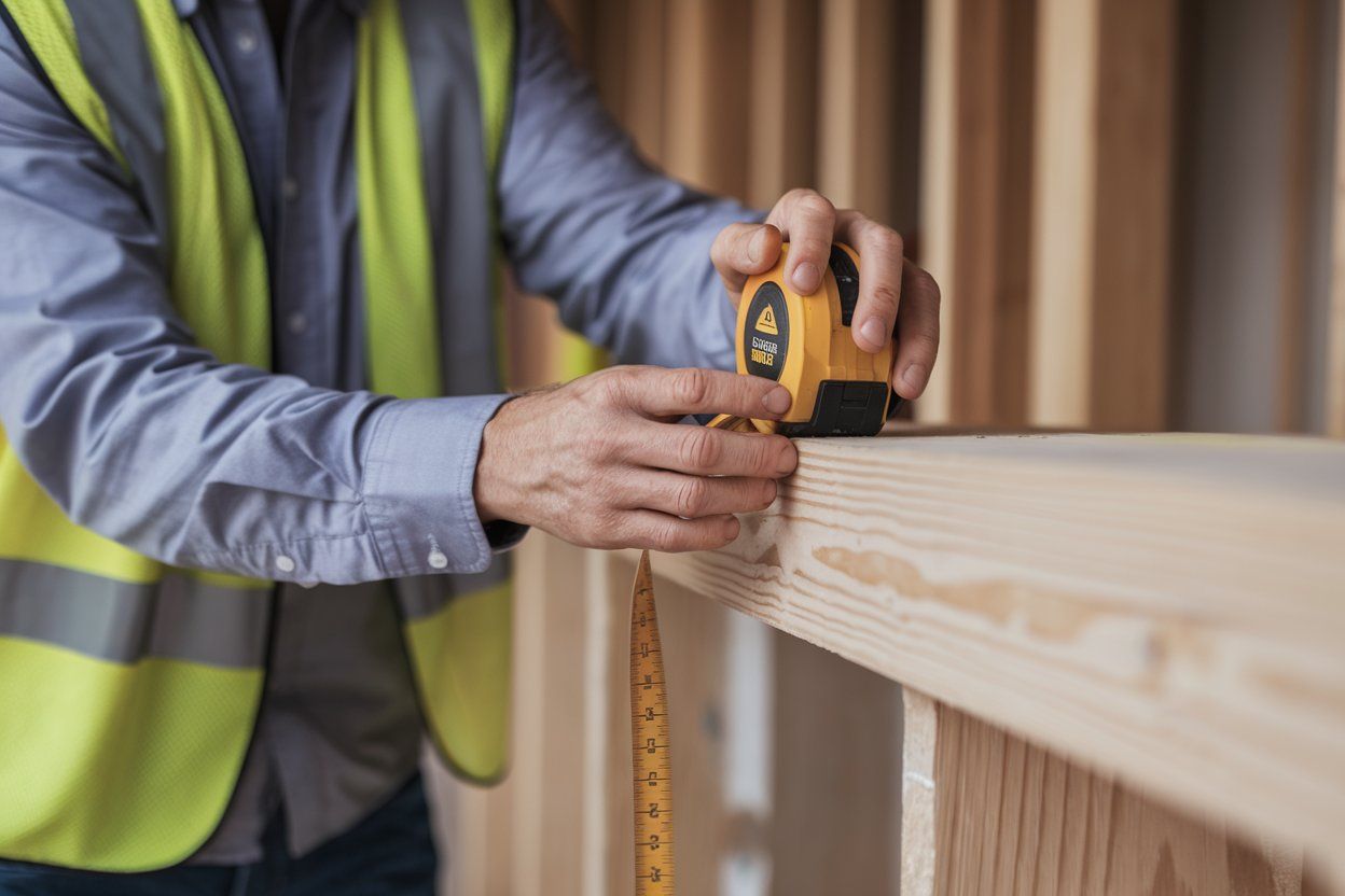 Construction worker in safety vest using a tape measure on wooden frame.