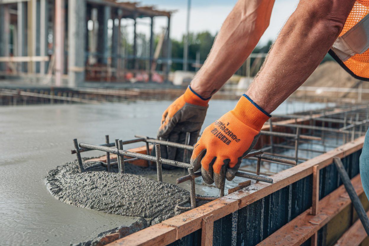 Construction worker adjusting rebar in wet concrete, wearing orange gloves and safety vest.