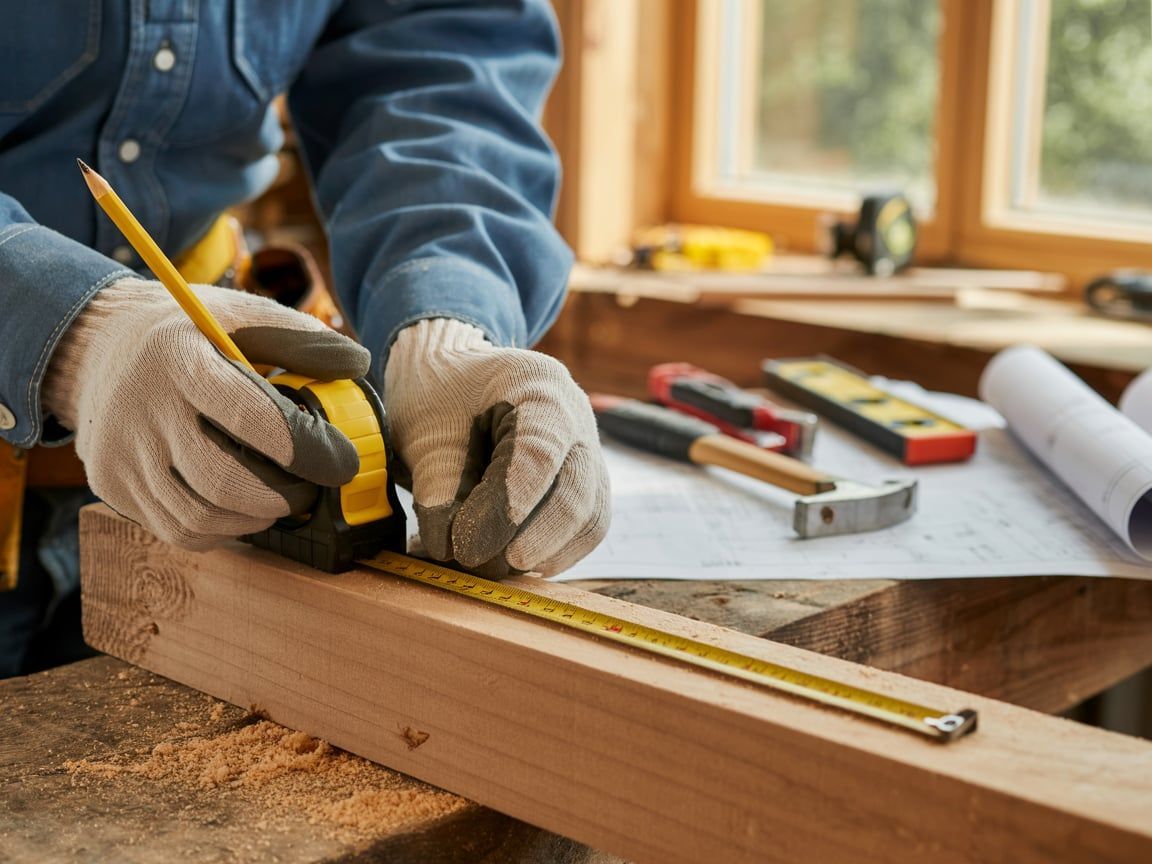 Person wearing gloves using a tape measure and pencil to mark wood in a workshop.