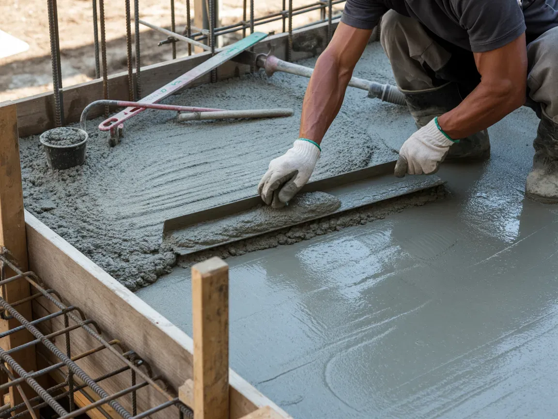Worker smoothing wet concrete with a screed tool in a wooden frame.