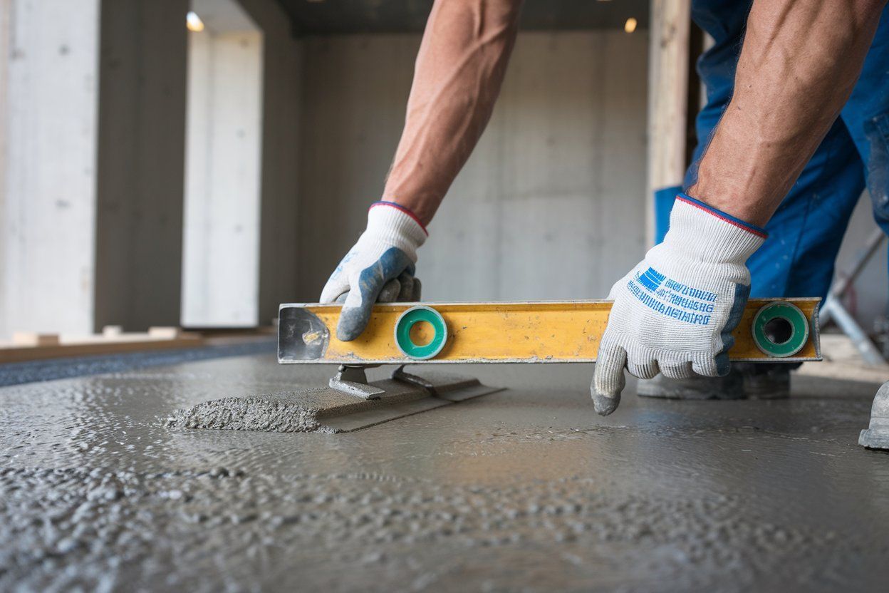Person using a level to check the wet concrete of a floor during construction.