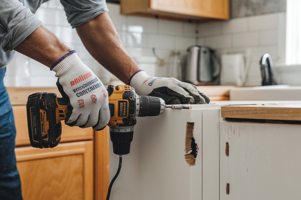 Person using a power drill on a white cabinet in a kitchen.