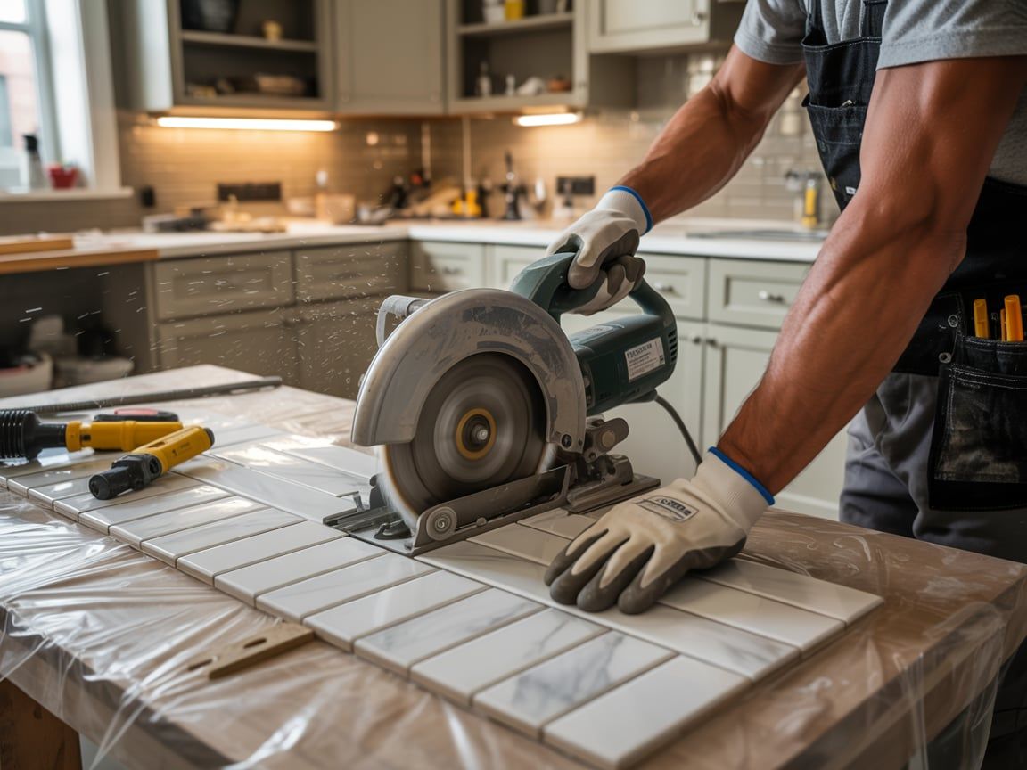 Person cutting tile with a circular saw in a kitchen; wearing gloves.