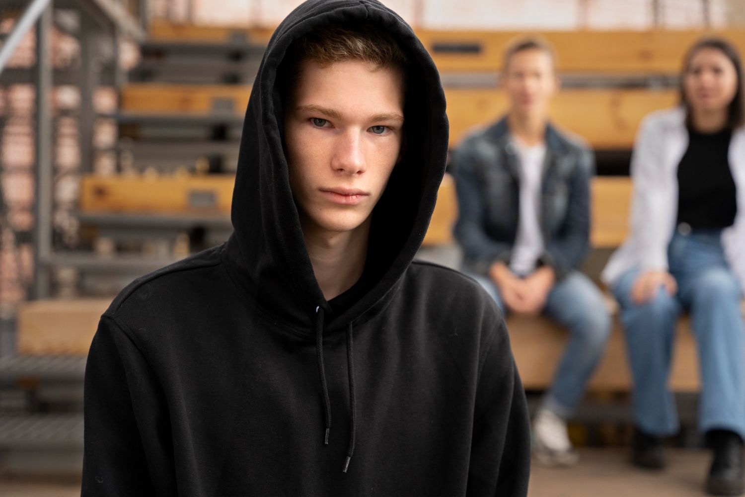 Teenager in a black hoodie stares at the viewer, two blurred figures in the background on bleachers. Juvenile Defense in Nashville, Tennessee
