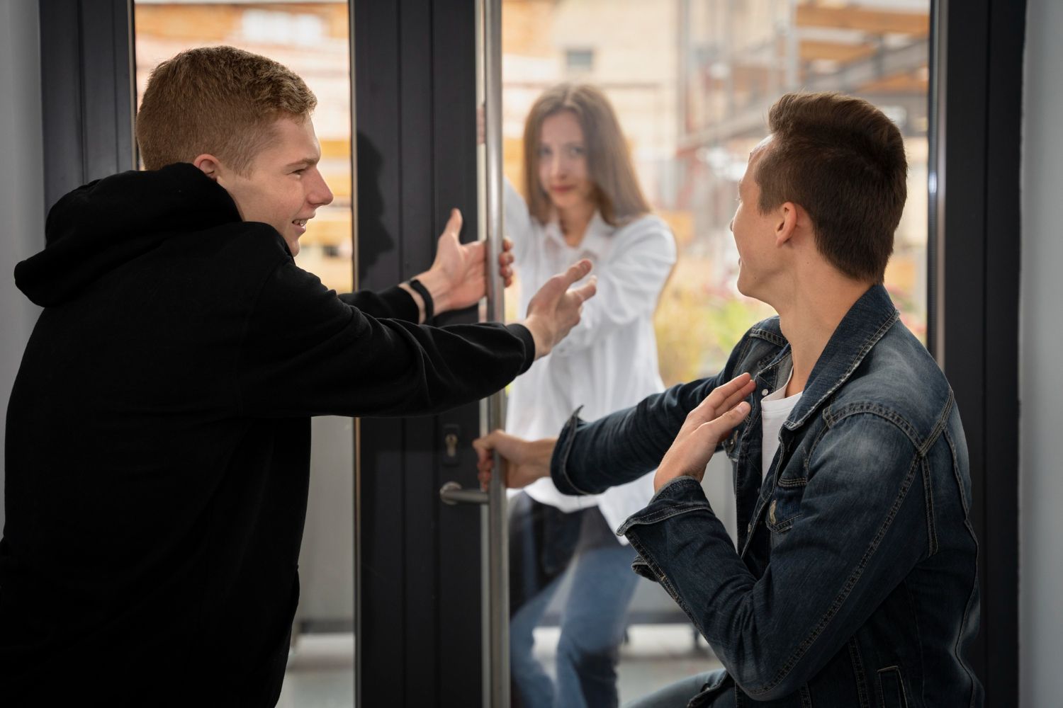 Two men struggling at a glass door; a woman inside appears distressed. Stalking in Nashville, Tennessee