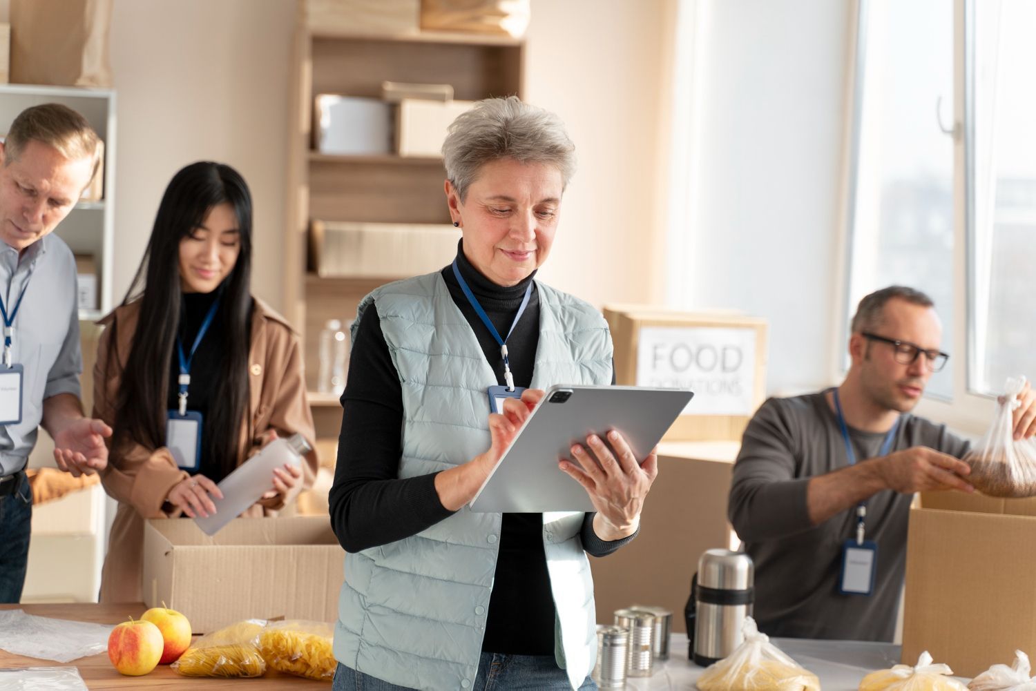 Volunteers packing food items into boxes, using tablets. Indoors, warm lighting. Tennessee Consumer Protection Act in Nashville, Tennessee