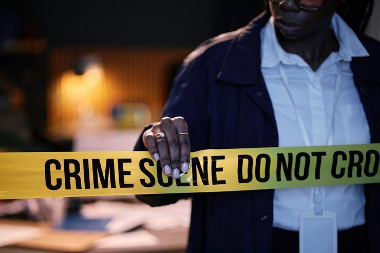 Person holding crime scene tape. Yellow tape with black text 