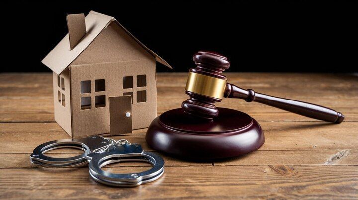 Cardboard house, gavel, and handcuffs on a wooden surface, symbolizing legal issues related to property. | Theft of Property in Nashville Tennessee