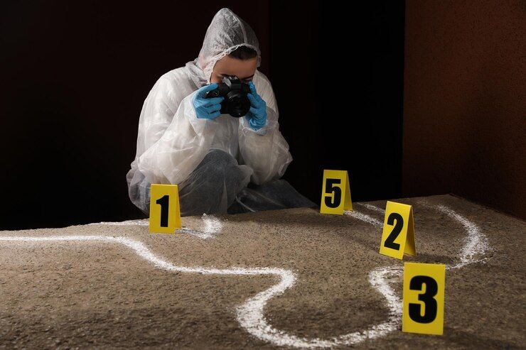 Forensic investigator in white suit photographs crime scene outline, marked with evidence placards. First Degree Murder in Nashville, Tennessee