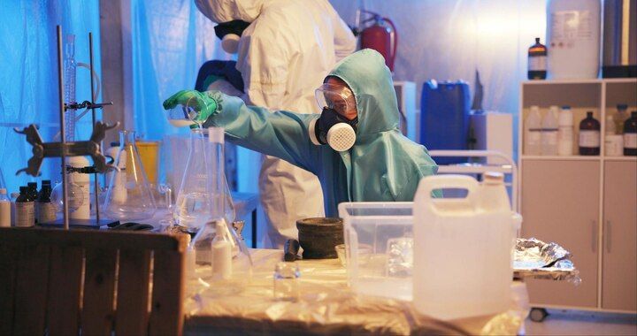 Two people in hazmat suits in a lab, one holding a beaker, surrounded by equipment. Drug Manufacturing in Nashville, Tennessee