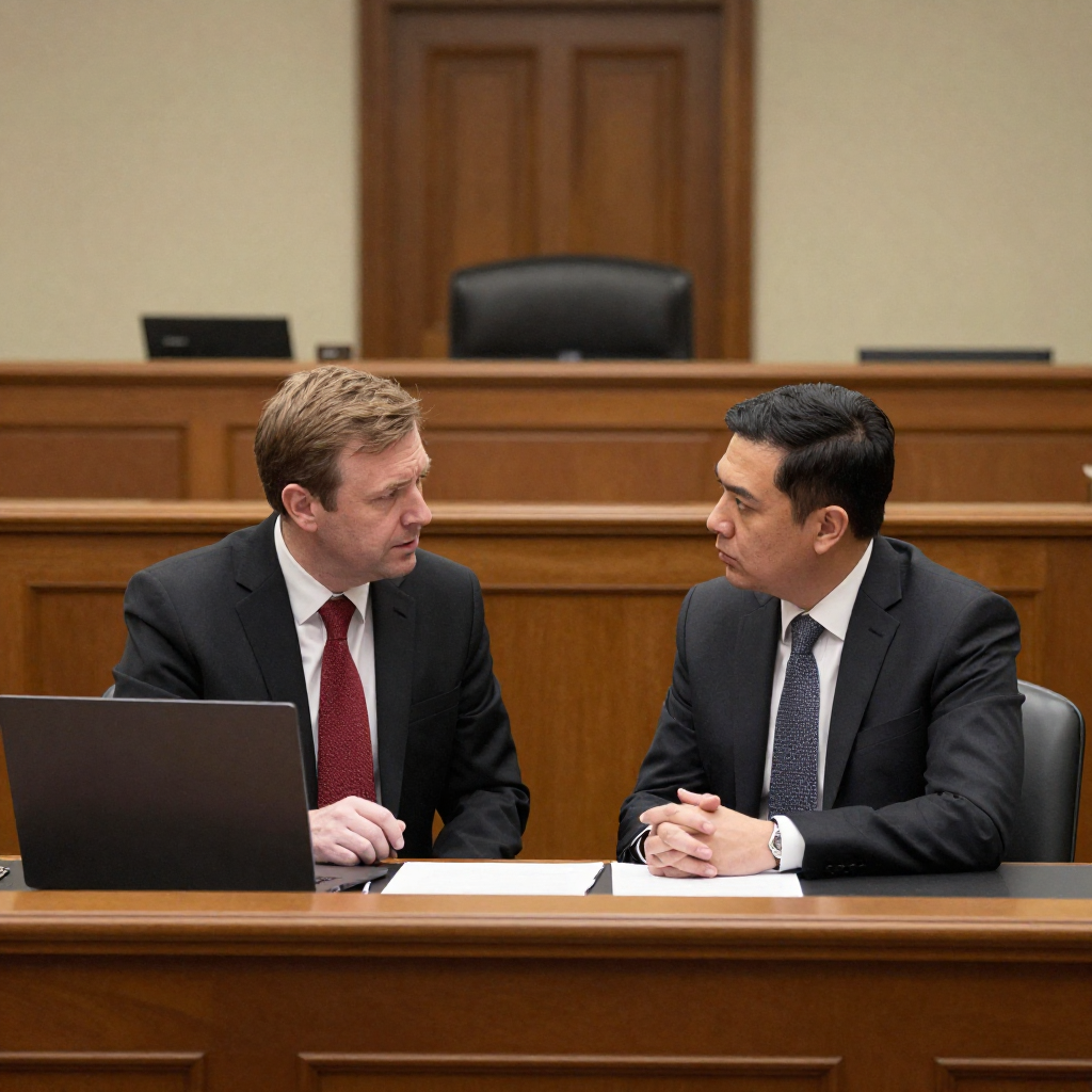 Two men in suits at a table in a courtroom, discussing documents. One looks at a laptop. Homicide/Murder
 in Nashville, Tennessee