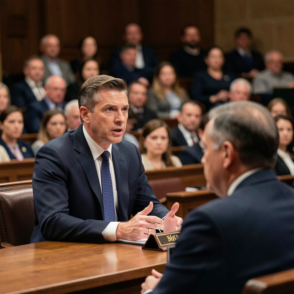 Man in suit speaks to another in a hearing room, others seated in the background. Homicide/Murder in Nashville, Tennessee