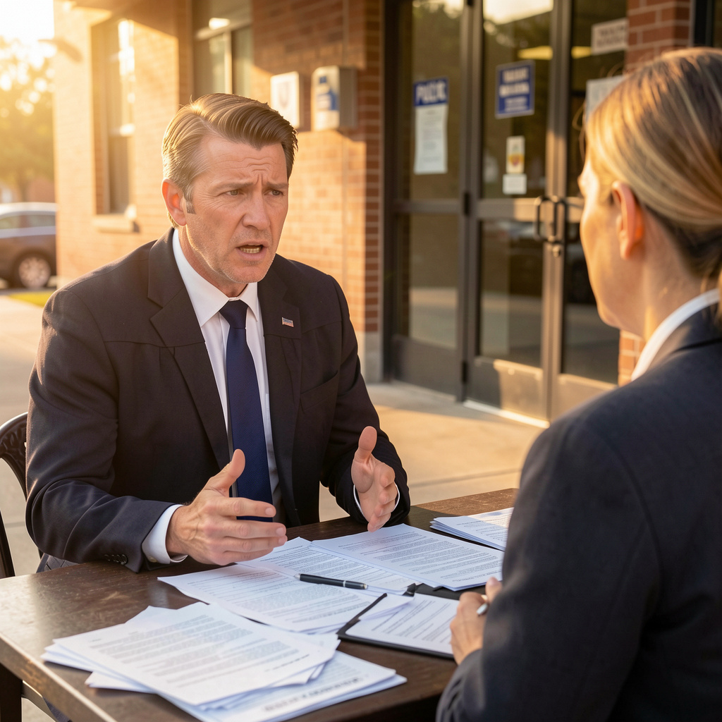 Man in suit gestures as he speaks to person seated across a table, documents between them, outside building. Reckless Endangerment in Nashville, Tennessee